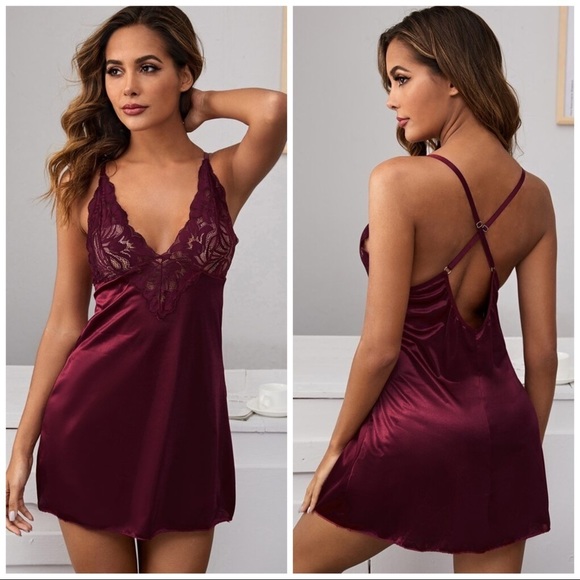 Midnight Obsession – Sheer Lace Fitted Long Nightgown - Burgundy main image 1